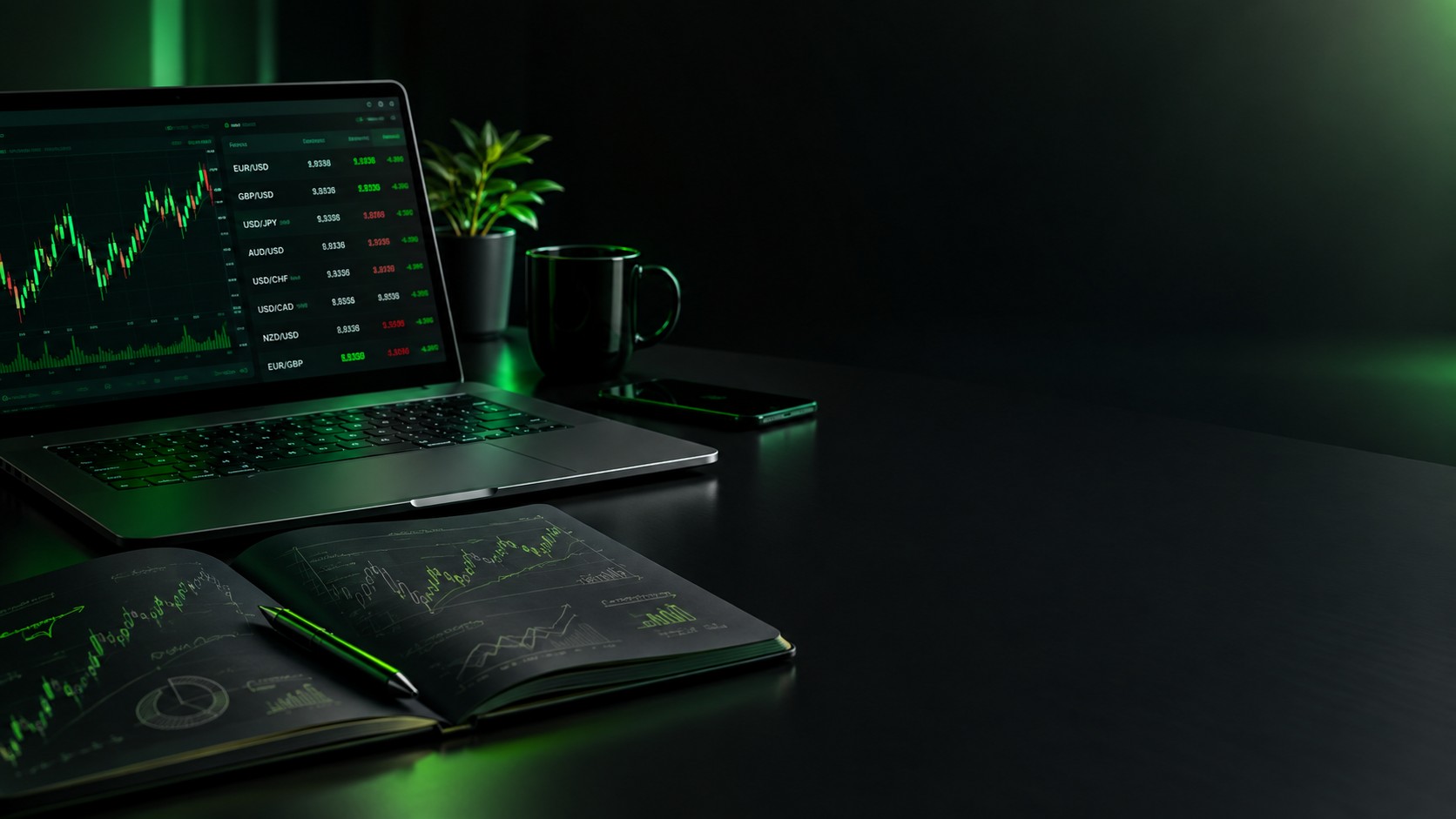Open notebook with chart sketches beside a laptop showing currency pairs