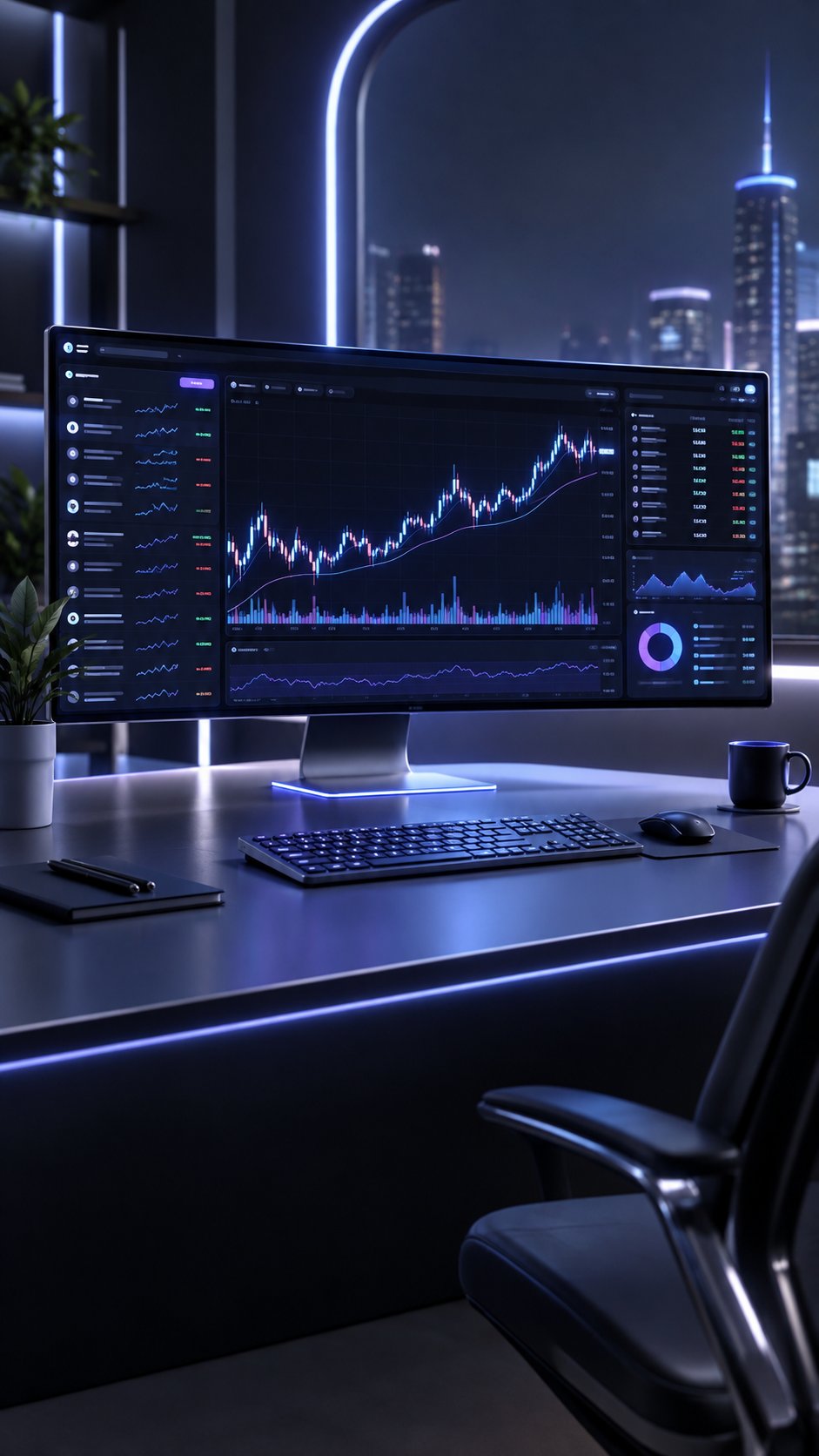 Premium dark mode trading dashboard on a wide monitor