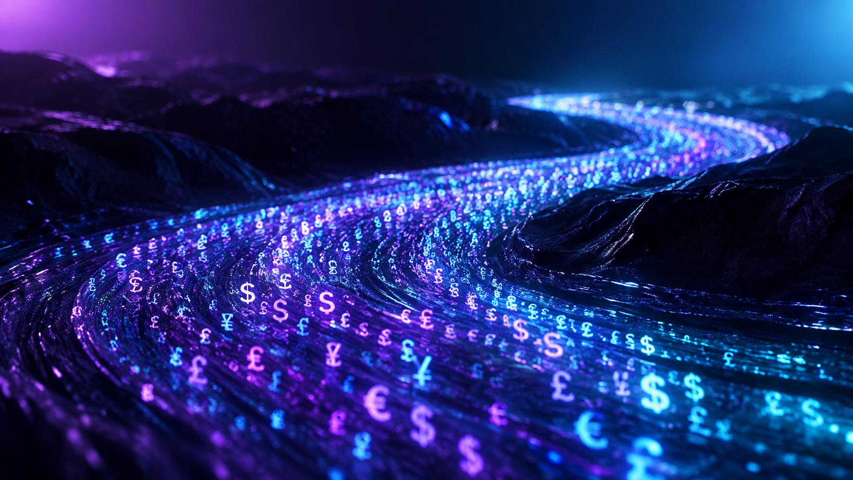 Flowing river of light made of tiny currency symbols