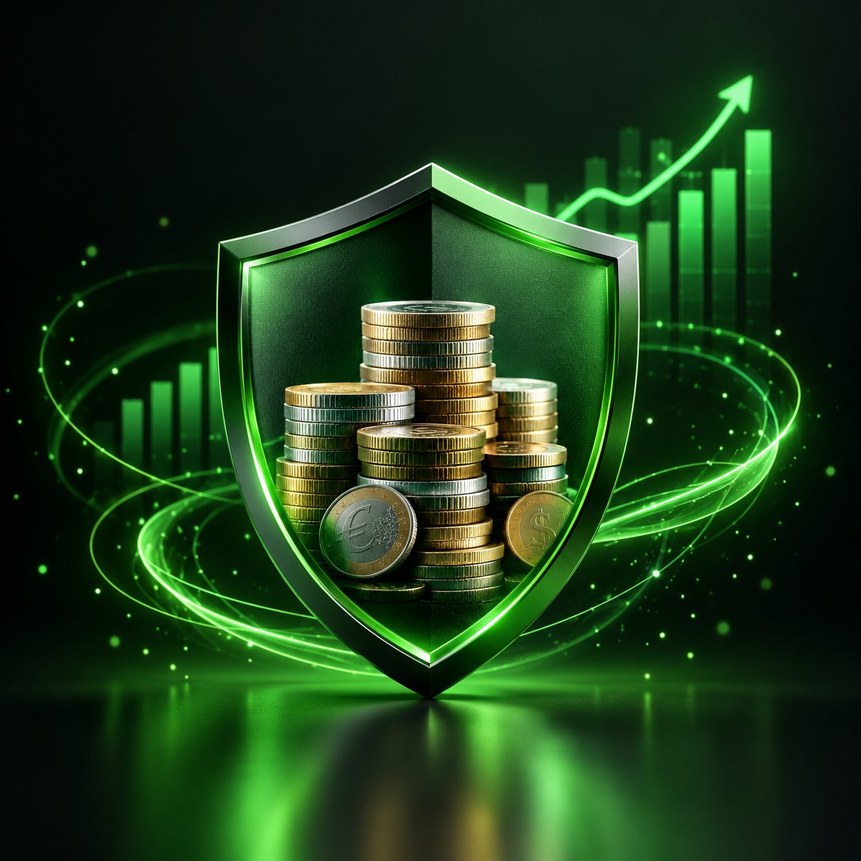 Shield protecting a stack of mixed currency coins with a chart behind