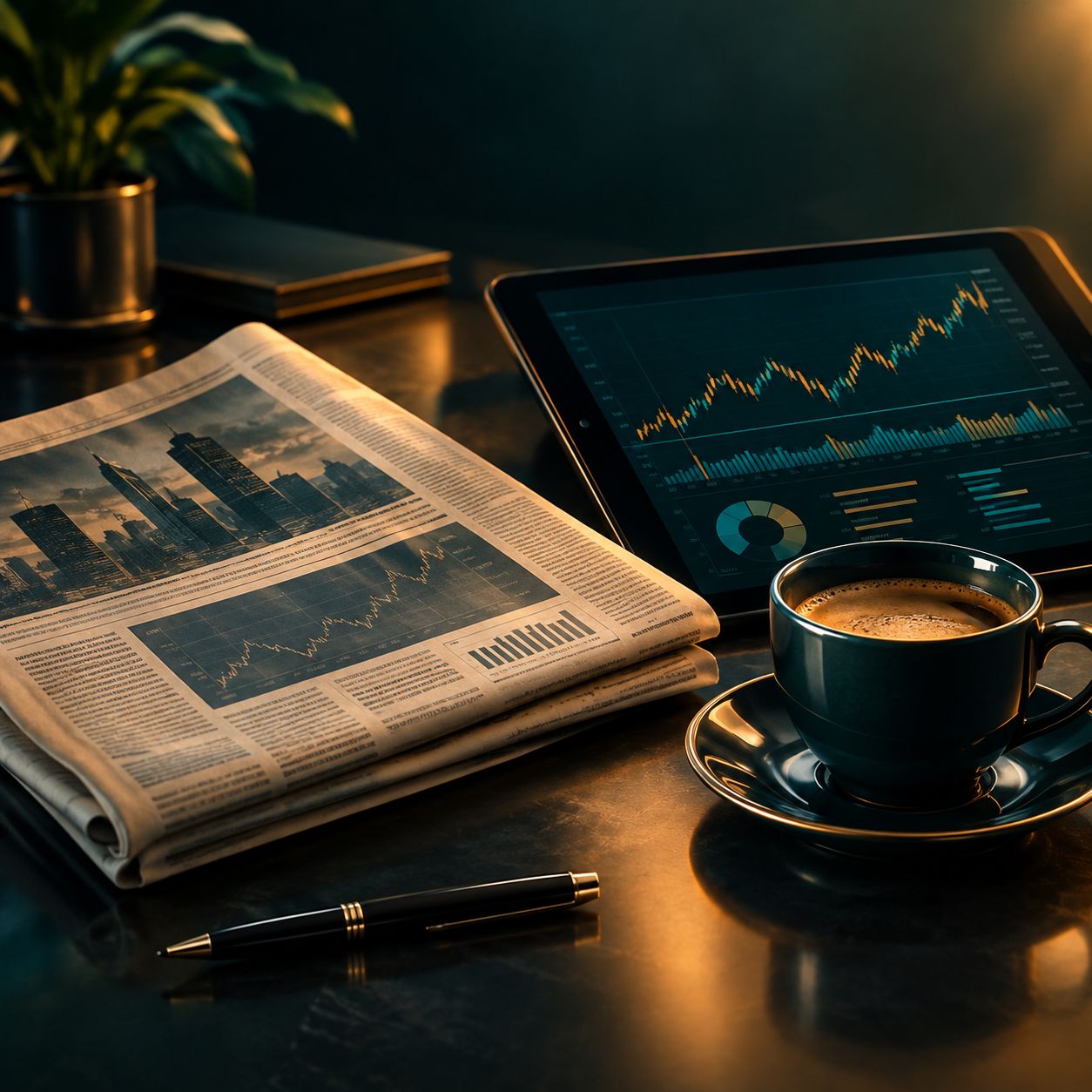 Financial newspaper tablet with charts and coffee on a desk