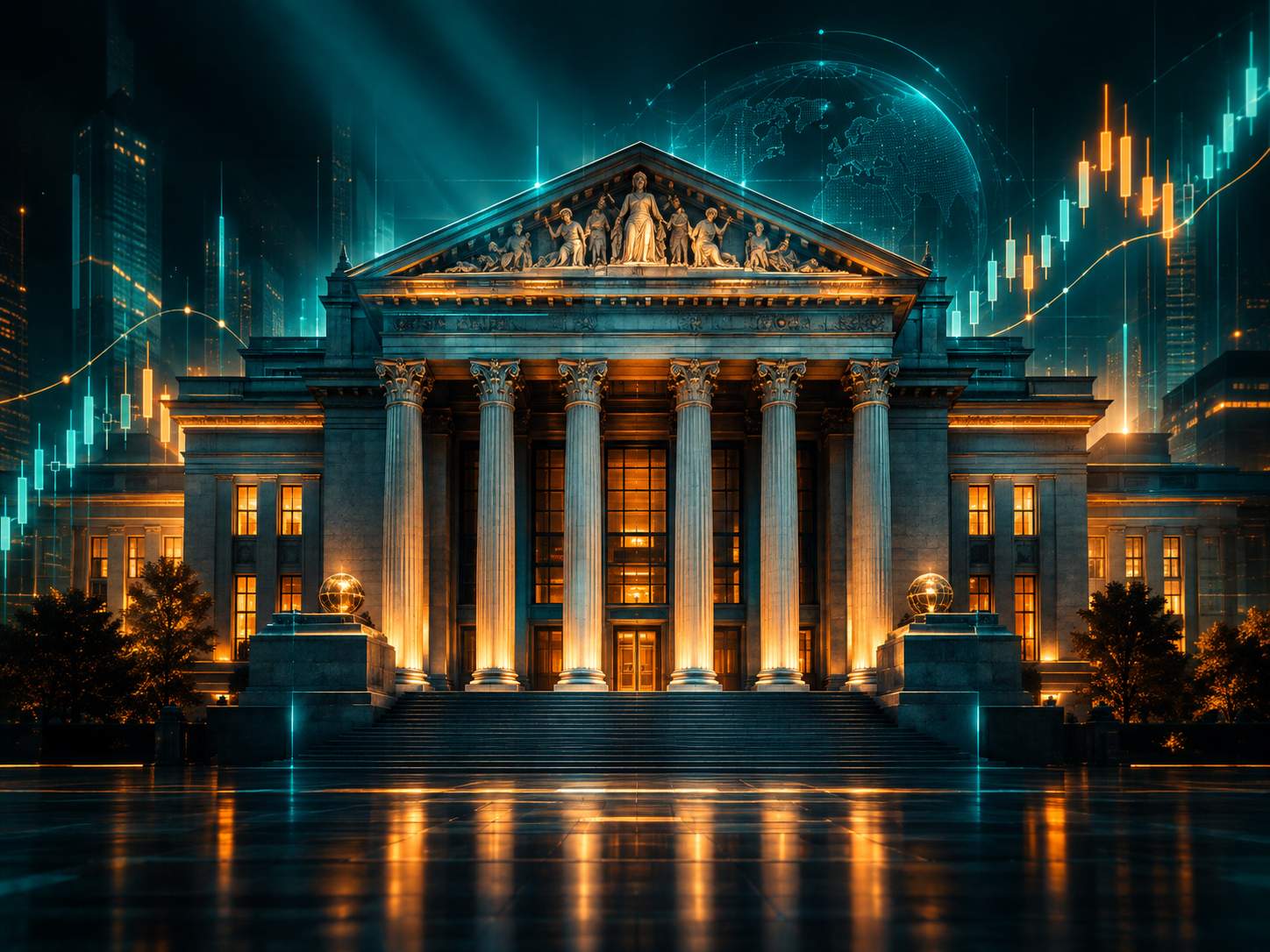Classical central bank building facade with subtle financial chart overlays